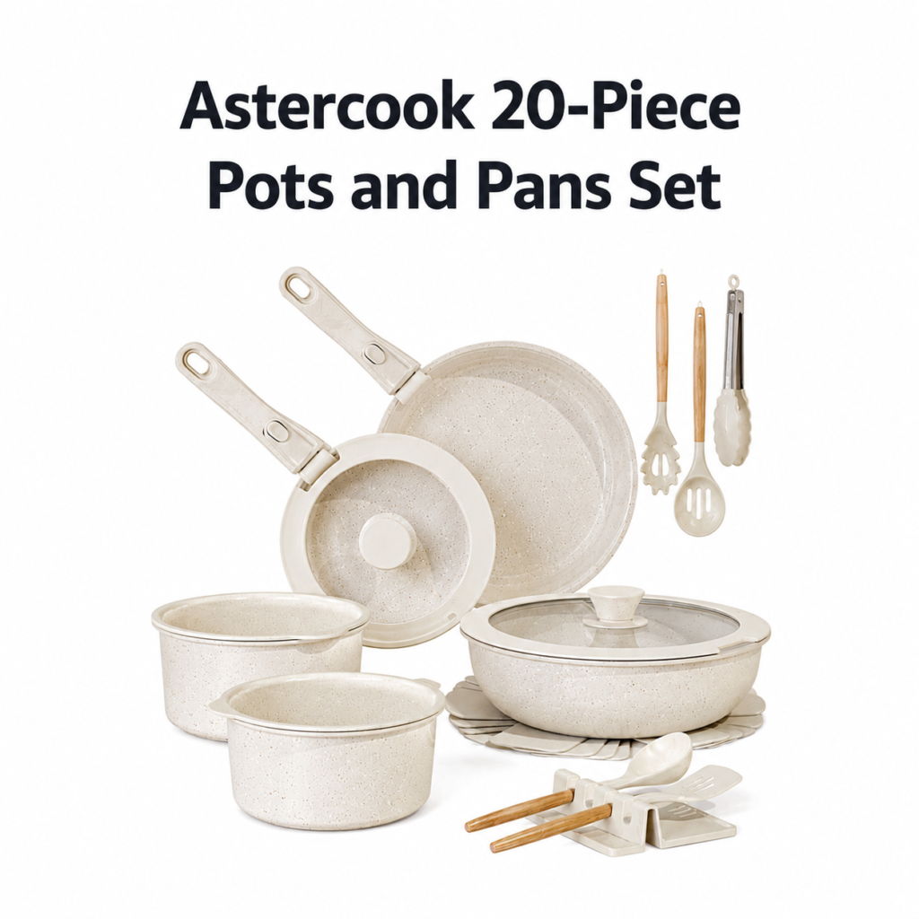 Astercook 20-Piece Pots and Pans Set, Ceramic Nonstick Cookware Set with Detachable Handles, Stackable Induction Cooking Set for Kitchen, RV and Camping, Dishwasher & Oven Safe, Cream White
