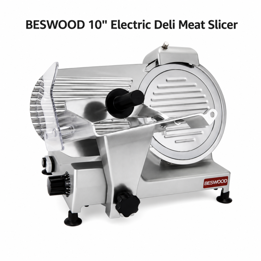 BESWOOD 10 Electric Deli Meat Slicer, Cheese Food Slicer with Premium Chromium-plated Steel Blade, for Commercial and for Home Use 240W BESWOOD250