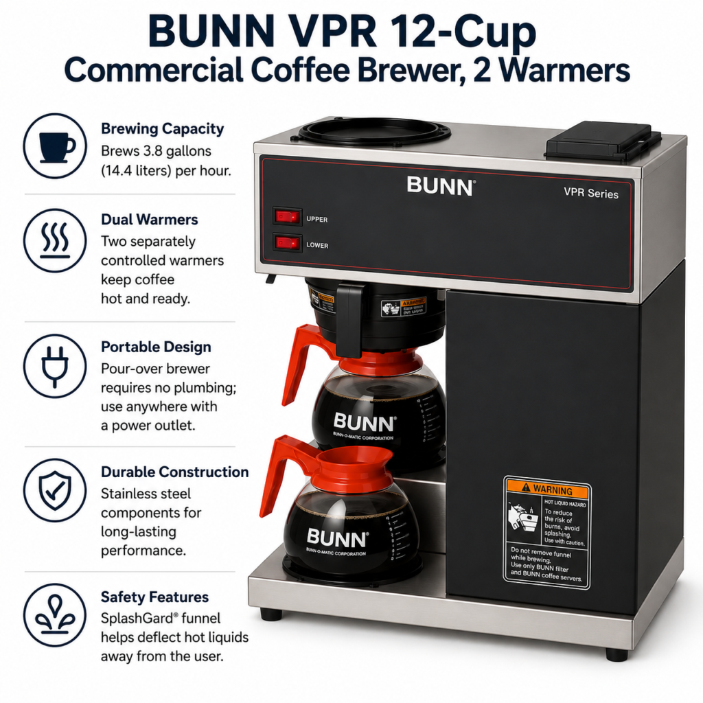 BUNN VPR 12-Cup Commercial Coffee Brewer, 2 Warmers