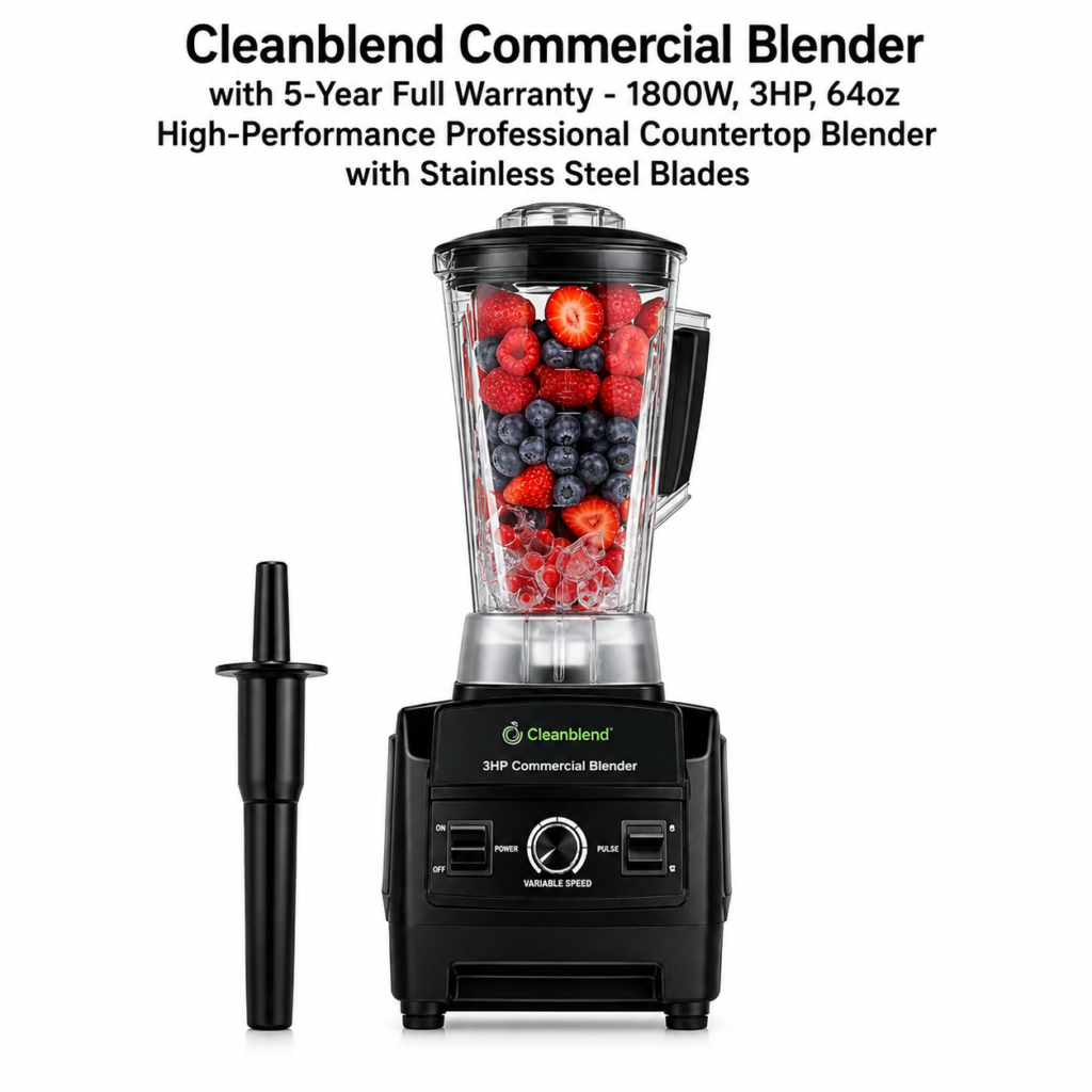 Cleanblend Commercial Blender with 5-Year Full Warranty - 1800W, 3HP, 64oz High-Performance Professional Countertop Blender with Stainless Steel Blades