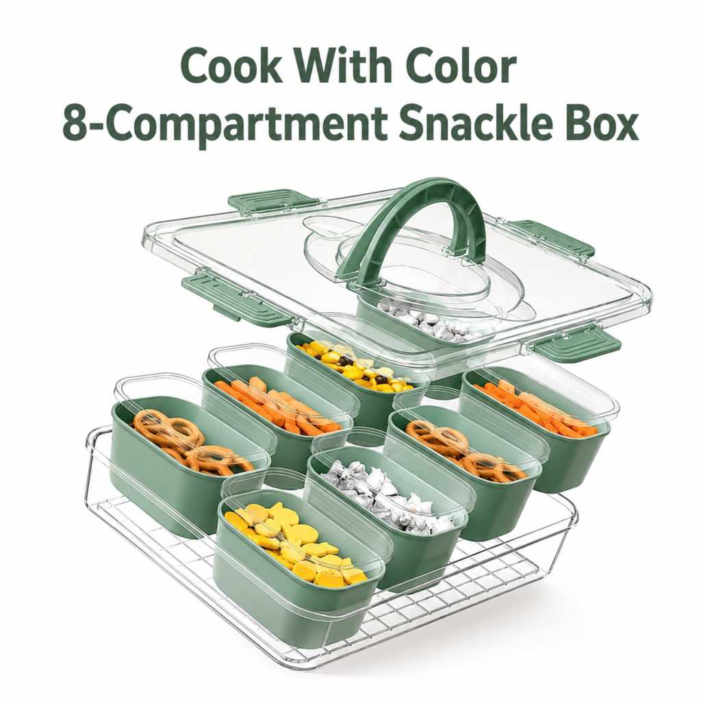 Cook With Color 8-Compartment Snackle Box Food Storage Carrier and Container, Charcuterie Container, Divided Serving Tray with Lids and Handle, Sage, Portable and Dishwasher Safe