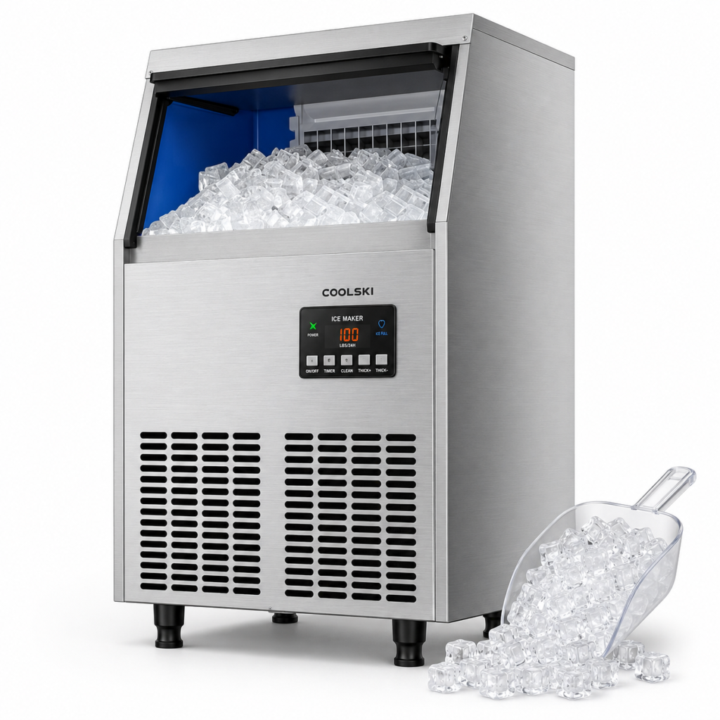 Coolski Commercial Ice Maker, 100 lbs 24H Under Counter Ice Machine, 34 lbs Bin