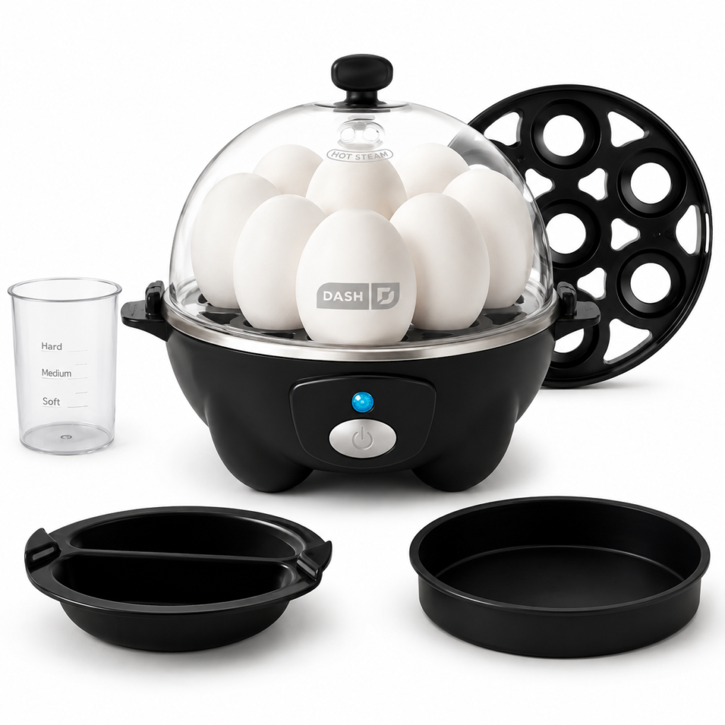 Dash 3-in-1 Premium Rapid Egg Cooker, 7 Egg Capacity, with Removable Trays, for Hard Boiled Eggs, Poached Eggs and Omelets, Dishwasher Safe, Black