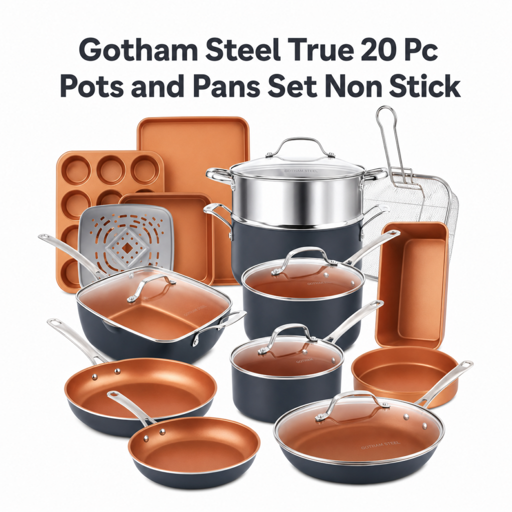 Gotham Steel True 20 Pc Pots and Pans Set Non Stick, Ceramic Cookware Set Nonstick With Square Deep Frying Pan Set, Pot and Pan Set with Bakeware Set, Oven & Dishwasher Safe, No Cheater Pieces