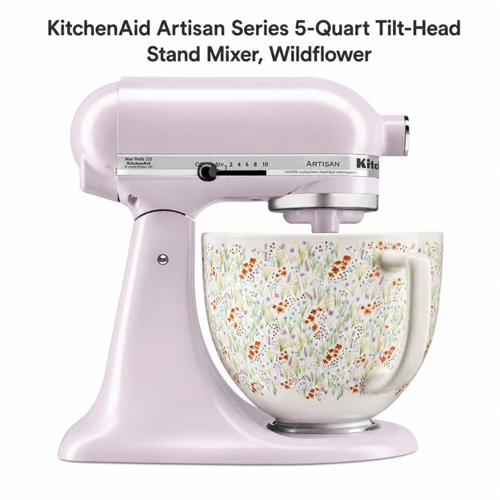KitchenAid Artisan Series 5-Quart Tilt-Head Stand Mixer, Wildflower with Ceramic Bowl, Flat Beater, Dough Hook, Whip