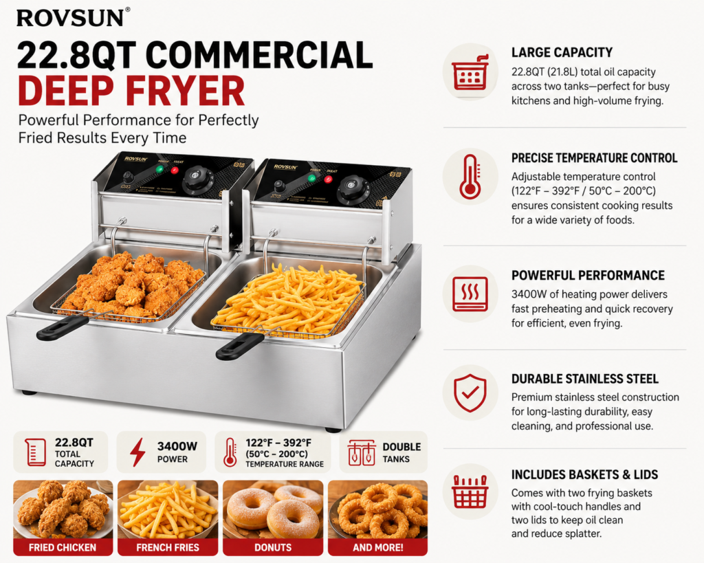 ROVSUN 22.8QT Commercial Deep Fryer with Baskets & Lids, 21.8L Stainless Steel Electric Double Fryer, Countertop Kitchen Frying Machine Temperature Control, French Fries Donuts 3400W