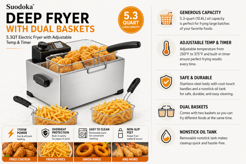 Suodoka Deep Fryer with Dual Baskets, 5.3QT Electric Fryer with Adjustable Temp & Timer, Nonstick Tank for Chicken & Fries