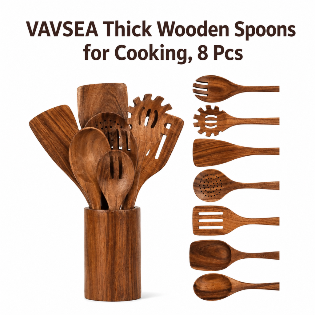 VAVSEA Thick Wooden Spoons for Cooking, 8 Pcs Natural Wooden Utensil for Cooking with Non-Stick, Heat Resistant, Wood Kitchen Utensil Set