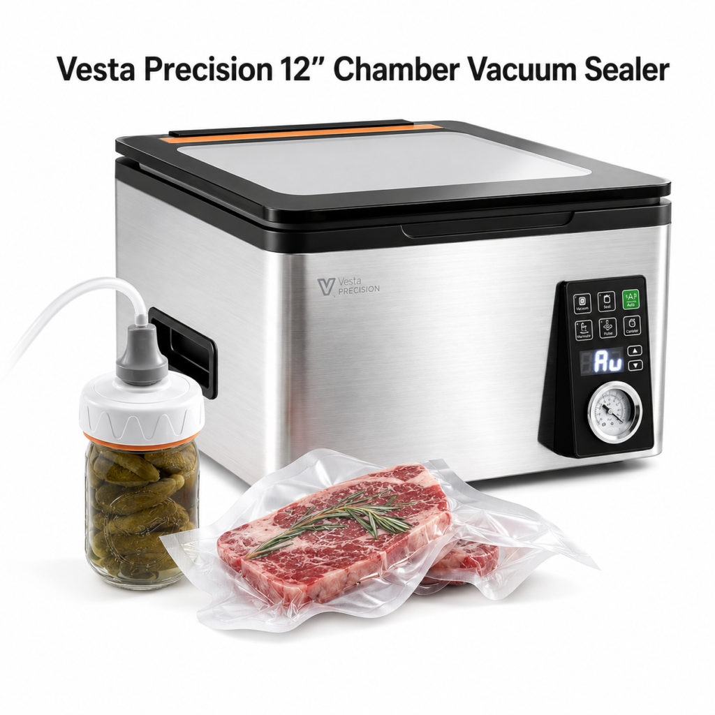 Vesta Precision 12” Chamber Vacuum Sealer, Smart Auto Vacuum Time, Easy-to-Clean System, Commercial-Grade Pump, Deep Chamber for Liquids, Meats, Mason Jars & Sous Vide, V553