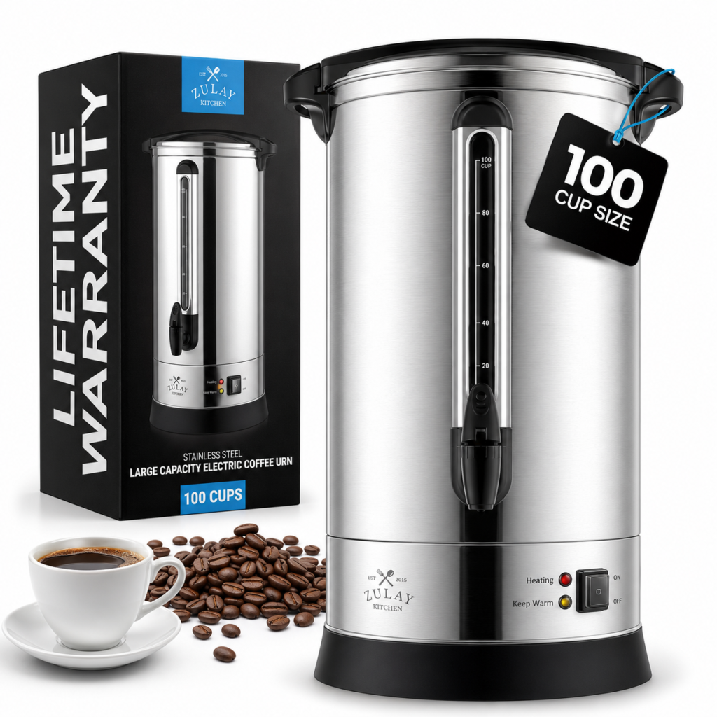 Zulay Commercial Grade 100 Cup Coffee Maker Hot Water Urn - Large Percolator Pot Dispenser With Double-Wall Stainless Steel, Quick Brew, Stays Hot for Tea & Beverage at Events & Catering - Silver