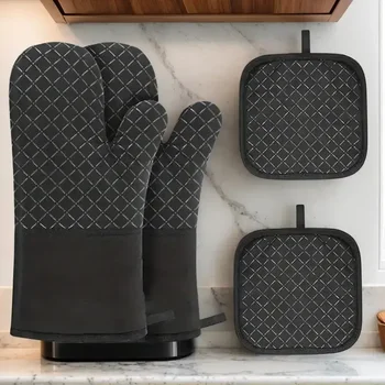 oven gloves and pot pads, kitchen heat-resistant gloves, anti-slip silicone striped oven gloves, heat-resistant